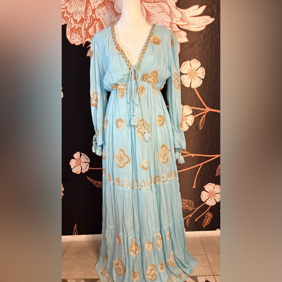 Papa Pia Sky Blue Long-Sleeve Embroidered Maxi Dress with Tassel Tie - Picture 3 of 7